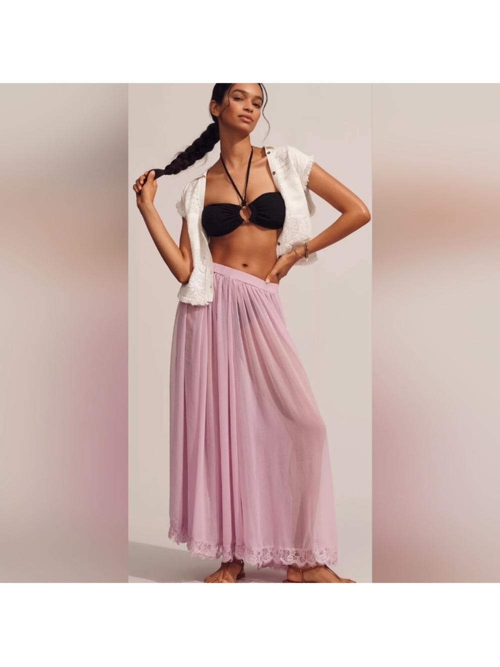 Anthropologie Dusty Pink Maxi Skirt with Lace Hem